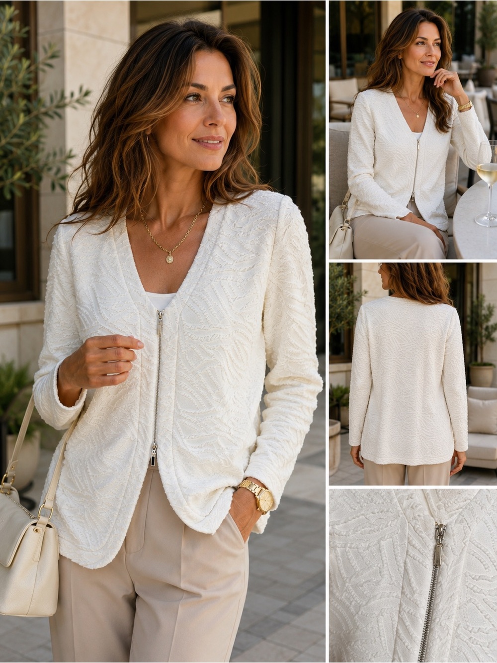 Frank Lyman Cream Textured Zip Front Cardigan Jacket Size 14 Designer Canada